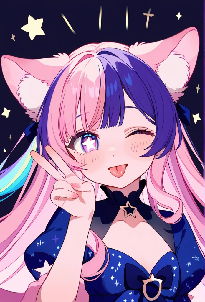 masterpiece, best quality, upper body, score_9,pastel multicolor hair, purple eyes,pastel rainbow hair, star shaped eyes, proud smile,long hair,star shaped eyes,1older woman,wink,ptongue sticking out,very detailed colorful eyes,star shaped eyes,peace sighn,light pink background,fluffy pink dress,bow infront of dress,light pastel pink fluffy dress,high quality,woman