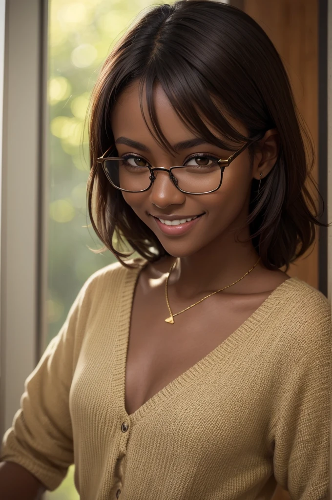 Dark skin color Thin gold glasses Dark green eyes Smiling Loose medium-sized dark brown hair Looking to the right