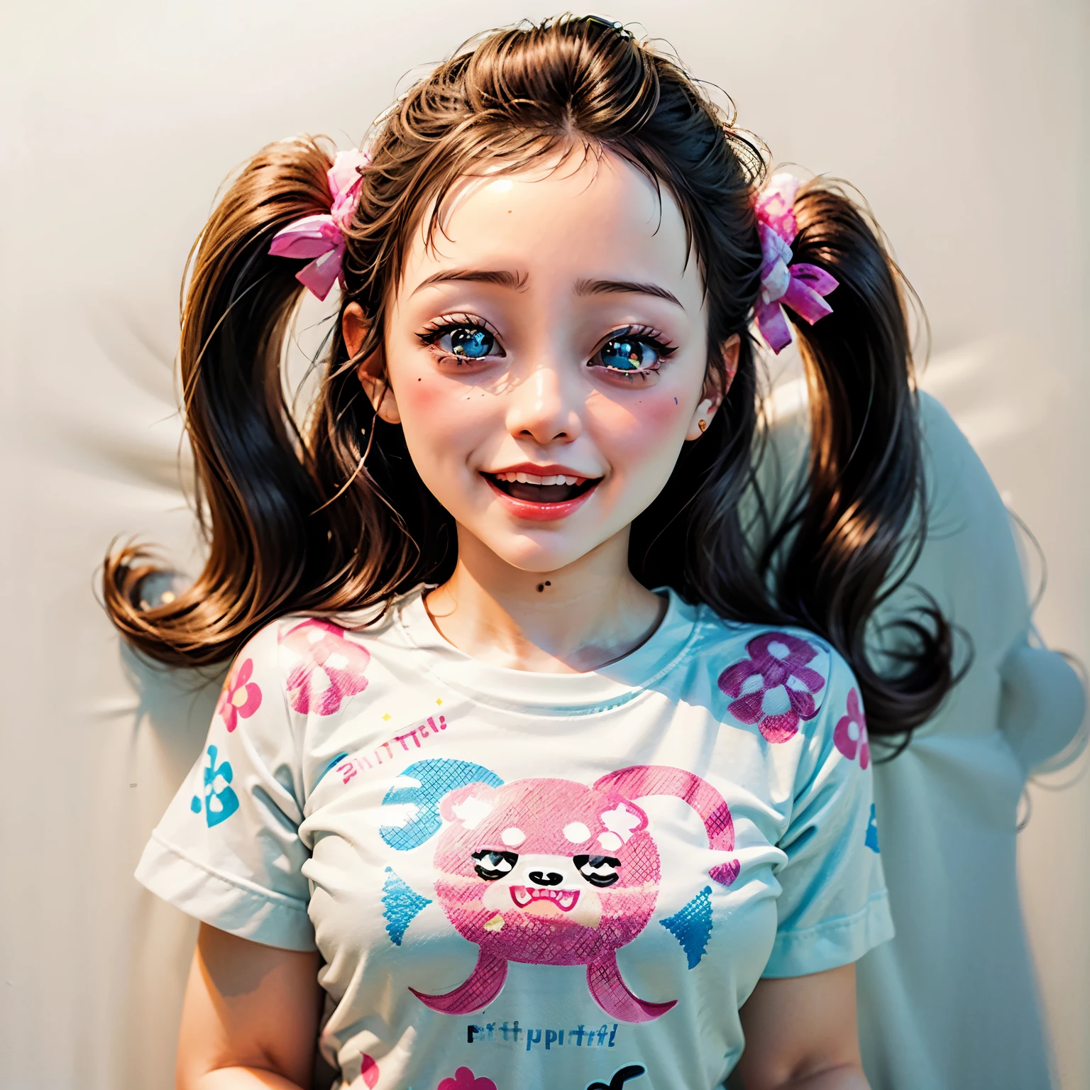 White and Bright Red, (Masterpiece 8K TopQuality:1.2) (ProfessionalPhoto:1.37) ExtremelyDetailed (((PUNIPUNI KAWAII girl in WHITE "SUPER BITCH" Printed T-shirt:1.4))) (Lying FullBody on her back from DirectlyAbove) glowing body