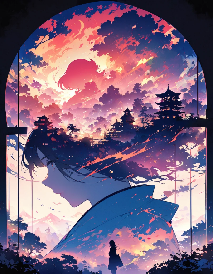 Silhouette of a girl, Lots of Japanese scenery , Modern Japanese Landscape, close, Double Exposure, White Background