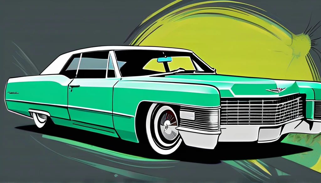 Mint colored slammed 1967 cadillac deville coupe,2 door, pop art, cartoonish style , sketch, detailed illustration, large wheels, wide bodykit, masterpiece, highly detailed (((dark grey background)))