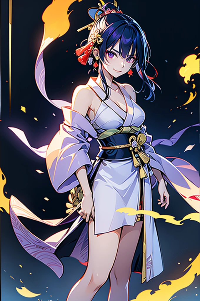 ((roll up bandage on a chest tightly to cover the chest without gaps under kimomo)), Japanese Gangster BOSS, adult woman with the dignified presence, Killing Qi, wear the kimono from the waist down, ((kimono come off)) ,wear the kimono multiple times, Bare shoulders and the clavicle, black and gold kimono, put on over jacket of kimono, holding a japanese sword which shine in purple, long sword, eye fire, low angle, whole body, bandage is seen, anime character, inappropriate smile, off sholder, nappropriate smile, Excellent, black blue hair, can see both shoulder, long hem