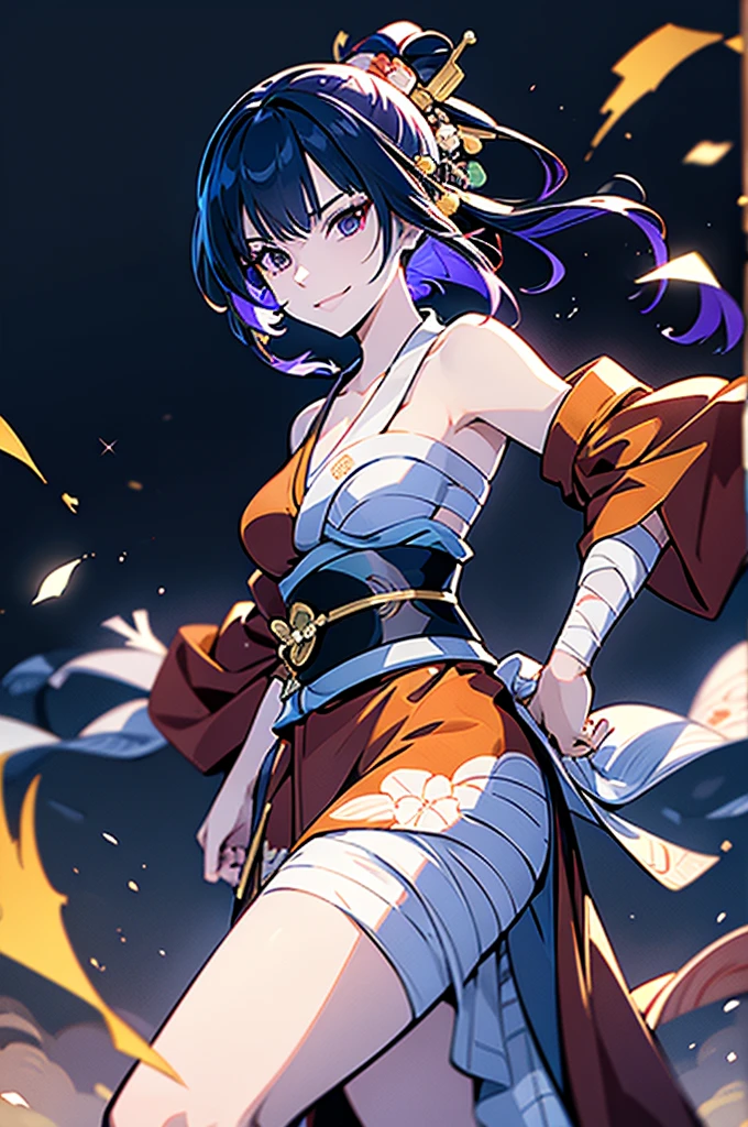 ((roll up bandage on a chest tightly to cover the chest without gaps under kimomo)), Japanese Gangster BOSS, adult woman with the dignified presence, Killing Qi, wear the kimono from the waist down, ((kimono come off)) ,wear the kimono multiple times, Bare shoulders and the clavicle, black and gold kimono, put on over jacket of kimono, holding a japanese sword which shine in purple, long sword, eye fire, low angle, whole body, bandage is seen, anime character, inappropriate smile, off sholder, nappropriate smile, Excellent, black blue hair, can see both shoulder, long hem