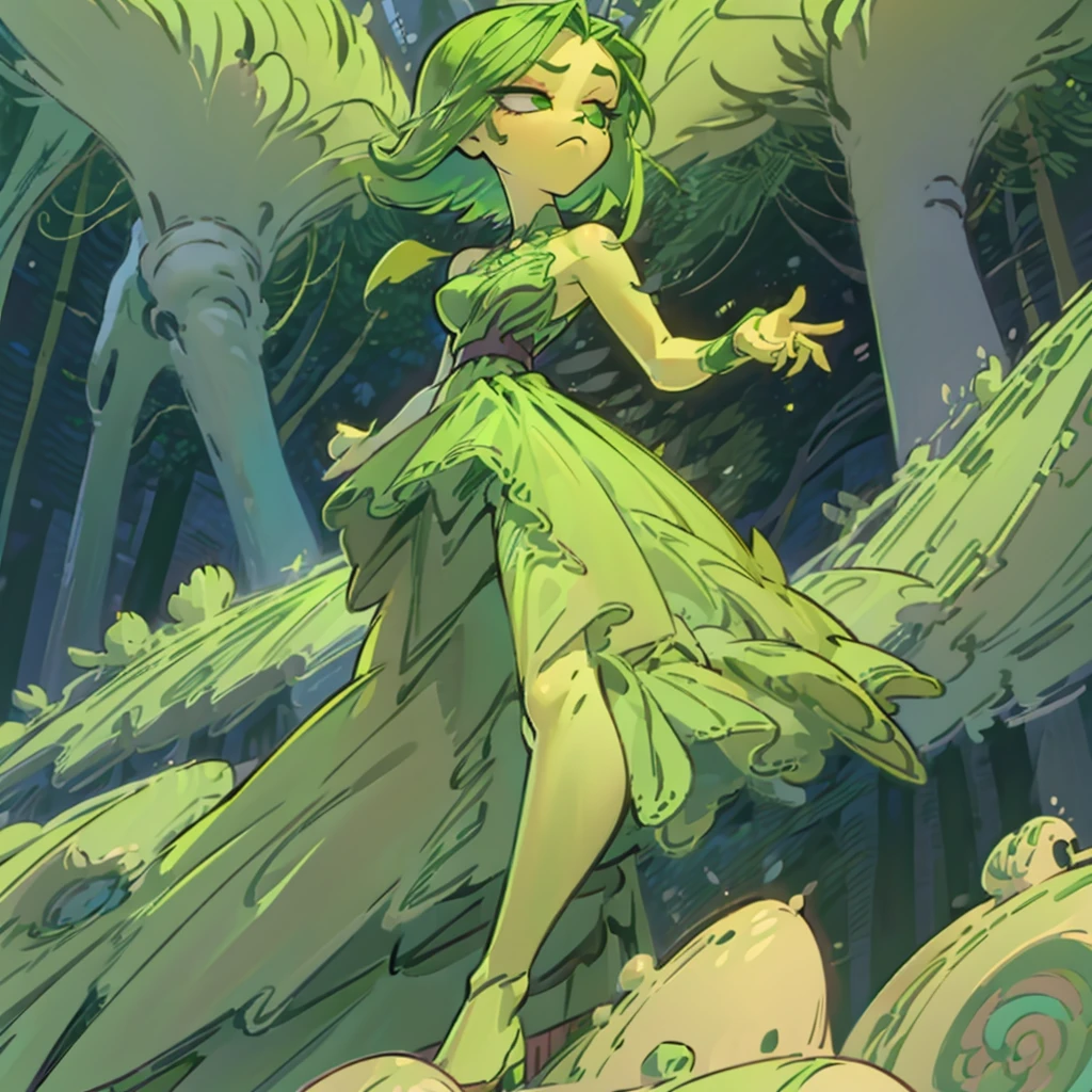 (masterpiece), ((perfect anatomy)), (high Res), (4k), disgust, green eyes, green hair, ((green skin)), short, medium breast, wide hips, (((green dress))), (((cartoony artstyle))), (((solo))), narrow waist, (in a forest)