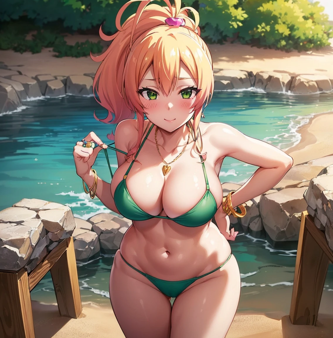 ((1girl)), ((alone)),Yukana Yame, ((extremely detailed CG unity 4k wallpaper)), (masterpiece), (ultra quality), (ultra detailed), (best illustration), (best shadow), (extremely detailed), looking at viewer, (absurdities), (detailed background), curvy body, dynamic pose, cowboy photo, large breasts, medium waist, wide hips, wide thighs, round butt,((jewelry , alone, blonde hair, ring, smile, green eyes, necklace, heart, heart necklace, blush, ponytail, multicolored hair, long hair, hair between the eyes, cleavage, big breasts, closed mouth, gradient hair, suit bath, green micro bikini, green bra, green panties, cowboy shot, )),smile, mouth closed)), standing, cowboy photo, backlight, ((solo)), ((standing: 1.4, outdoor, beach, sea, sunny, clouds, sand, (seductive expression, blushing, ,sexy, closed mouth, sexy pose), looking forward,((focus on breasts), point of view: (from above), perfect anatomy, perfect hands,