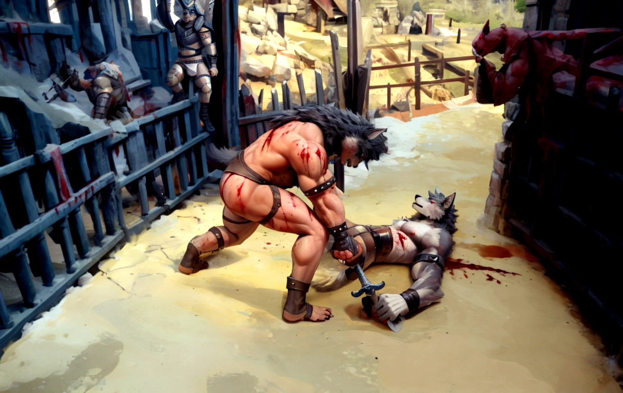 Couple of Sexy young anthro furry wolfes male mercenary warriors, slim endomorph muscular, handsome gay model male apperance, they are fighting with swords in forest ancient battle, sword duel, angry anger look, rage, sword scars, worn out leather skimpy armament, low on hips heavy leather belt, old very worn out skimpy dirty linen material jockstrap, old yellow dirty worn out stains on white sawn jockstrap, very visible "x" brown seam pattern on the jockstrap, studded skimpy armlets breastplate armor, skimpy breastplate, leather bondages, fingerless leather gloves, smelly unwashed furr, dirty body look, both of them hold blooded sword in hand, proffesional anathomy, correct anathomy, five fingers, correct muscules building, proffesional perspective, professional composition, proffesional cinematic sword fight scene, correct sword hold in hand, onehit another sword, one parry the hit ckashing both swords, sword clash, crossed swords, big heavy swords, one wolf same look lies under tree dying pierced with spear in chest, blood, bloody battle, bloody swords, blood