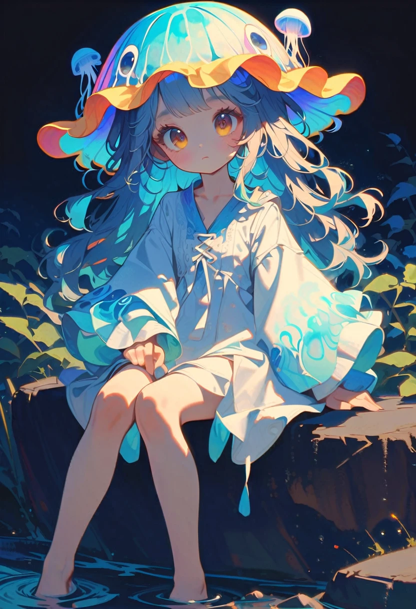style 9, 1 woman with  wavy blue hair wearing a yellow jellyfish hat., brown eyes, lightly made up with blue tones, sitting on a rock, 