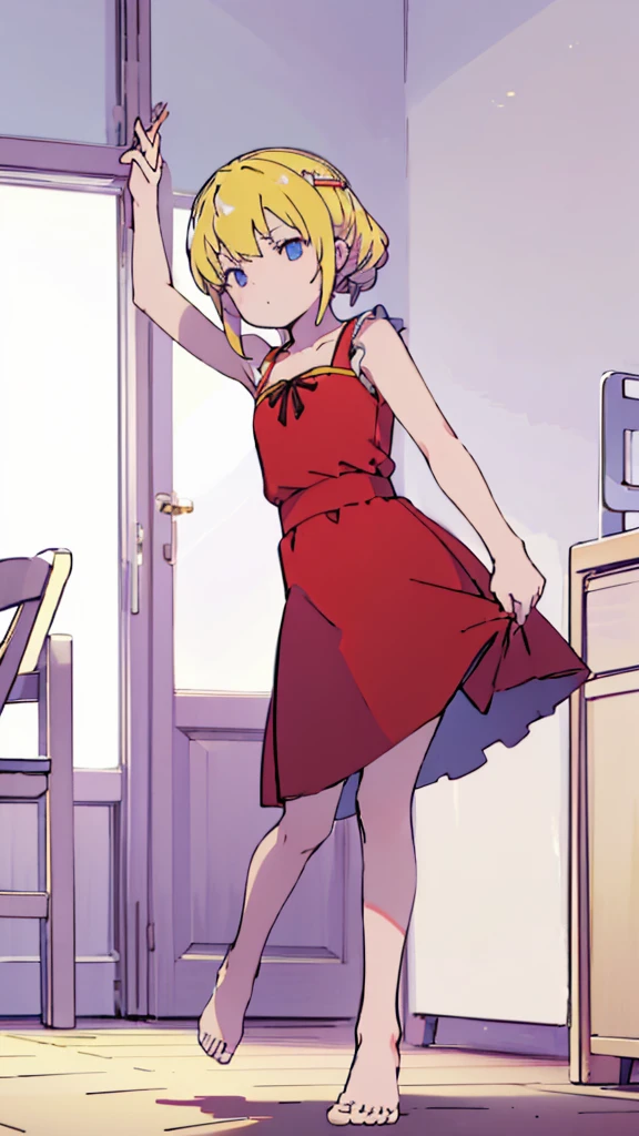 ((masterpiece))((Highest quality))Standing upright、Blonde、(Shoulder-length interior)(So that your whole body can be seen)、Directly in front、No background、(Put your feet on the ground)low length、、Flat Chest、Are thin、Red dress、