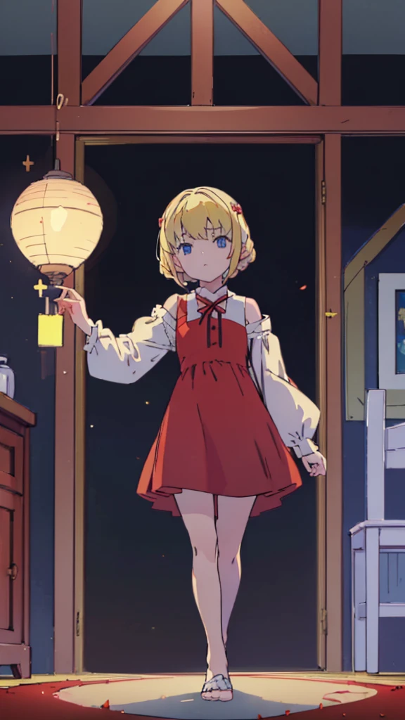 ((masterpiece))((Highest quality))Standing upright、Blonde、(Shoulder-length interior)(So that your whole body can be seen)、Directly in front、No background、(Put your feet on the ground)low length、、Flat Chest、Are thin、Red dress、
