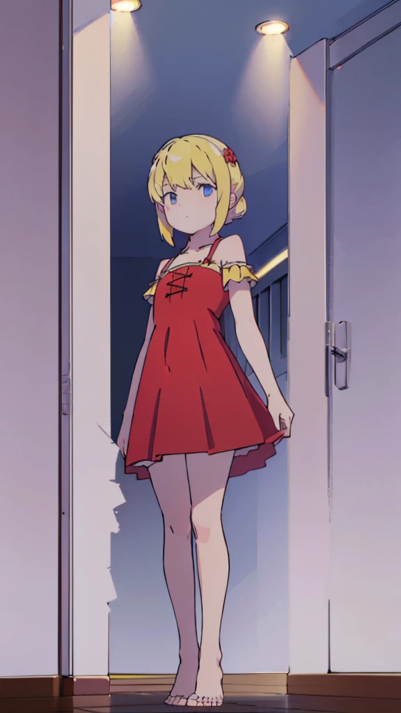 ((masterpiece))((Highest quality))Standing upright、Blonde、(Shoulder-length interior)(So that your whole body can be seen)、Directly in front、No background、(Put your feet on the ground)low length、、Flat Chest、Are thin、Red dress、