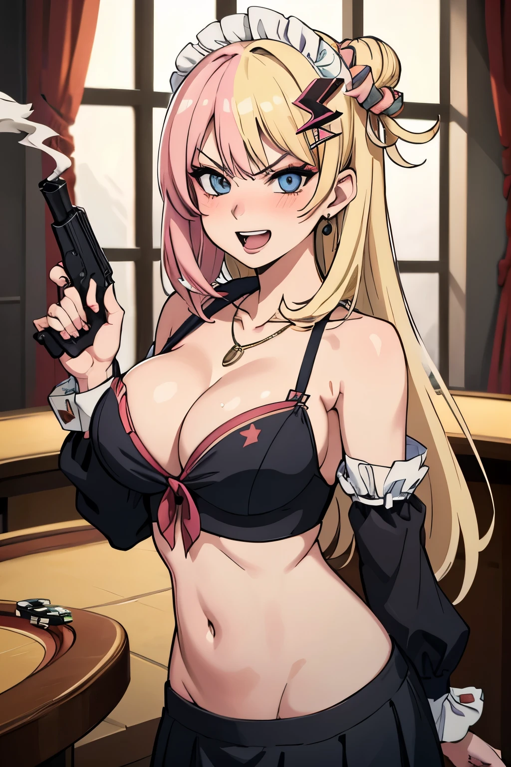 kotokadef, hair scrunchie, x hair ornament, hairclip, necklace, headphones, smirk, grin, furrowed brow, blush, lipstick, Hot girl, baddie, staring, glaring, bad attitude, mean girl, dare, angry, hate, crazy, smoking, sensual, attractive,,jewelry, earrings, complex detailed background, casino environment, fancy interior environment, rich
interior, masterpiece, best quality, highly detailed, a anime girls in maid uniforms with a gun posing for a
picture, maid outfit, cleavage, evil smile, smile, open mouth ,ecchi anime style, anime girls, ecchi style,
ecchi, digital anime art!!, in anime style, official artwork, (nsfw) not safe for work, beautiful anime maid
girl, anime style 4 k, micro skirt, exposed belly, exposed navel, exposed midriff, exposed lower belly,
holding a gun