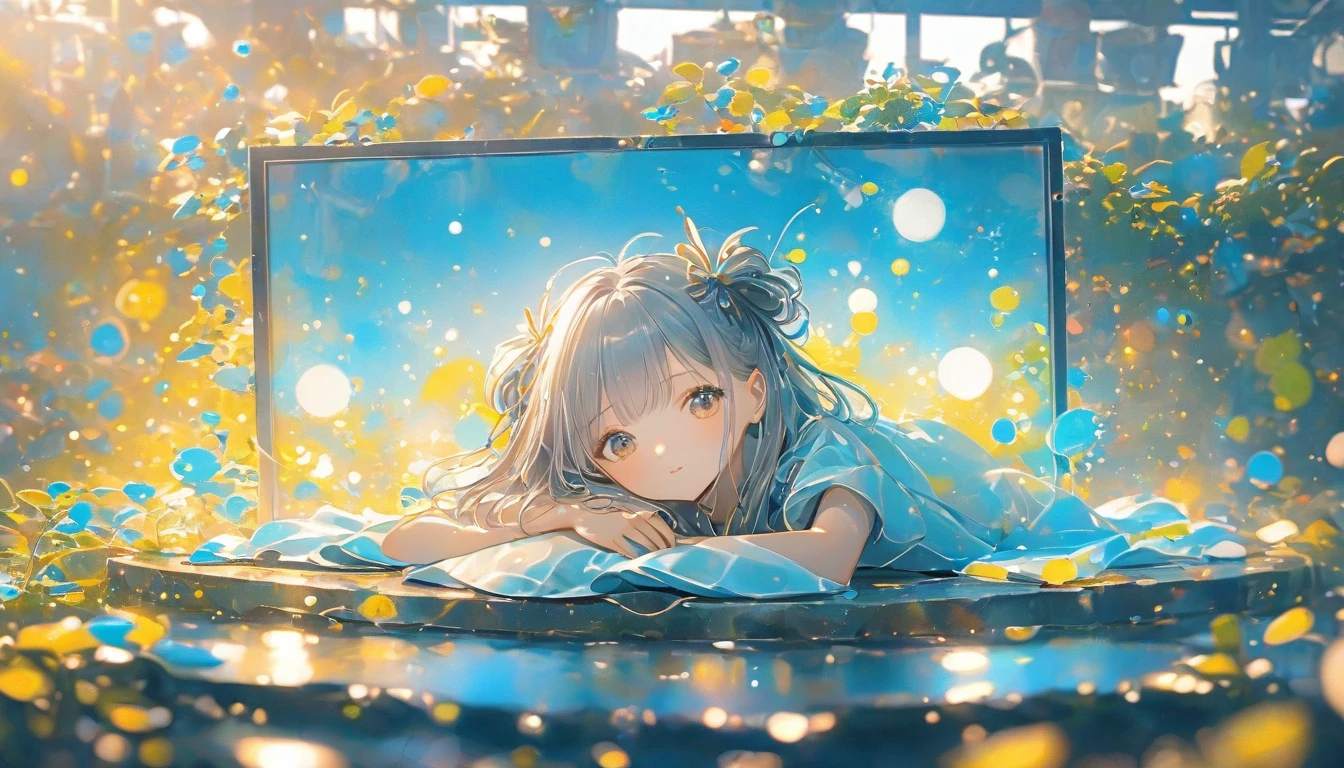 A girl lying on top of a screen