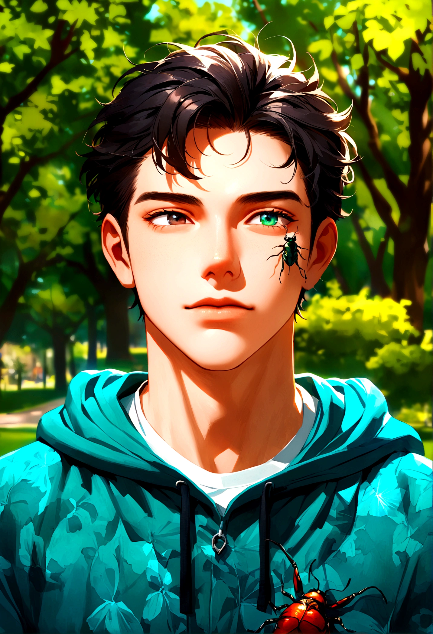 young male, dark short hair, dark green open hoodie, bug theme, eye bags, park background, friendly
