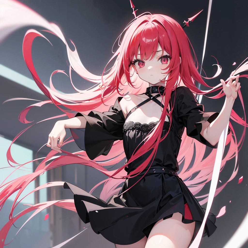 A 10-year-old girl with long red hair, Heterochromic eyes, Pale skin, flat chest, Wear a black dress with a refreshing pink shirt, More elegant and refined, Something that matches her mysterious and strong personality. comprehensive, Her presence will attract attention, Attract curious and inquisitive eyes, flat chested, light, Chromatic Aberration, Backlight, masterpiece, High Detail, high quality, 4K.