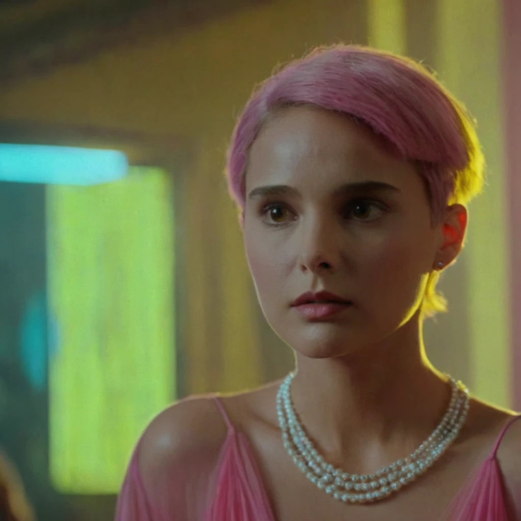 Hyperrealistic art of Cinematic Closeup Shot Film Footage captured by Panavision Cameras and Lenses, young Natalie Portman with a naked short fancy pink hair, pink hair, woman with a surprise look on her face looking at someone in a surprise look on herface in a room, yellow crown in her hair, yellow blouse, with blur background and perfect warm light on Fright Night 1985 Film Style, Analogic cam, Extremely high-resolution details, photographic, realism pushed to extreme, fine texture, incredibly lifelike