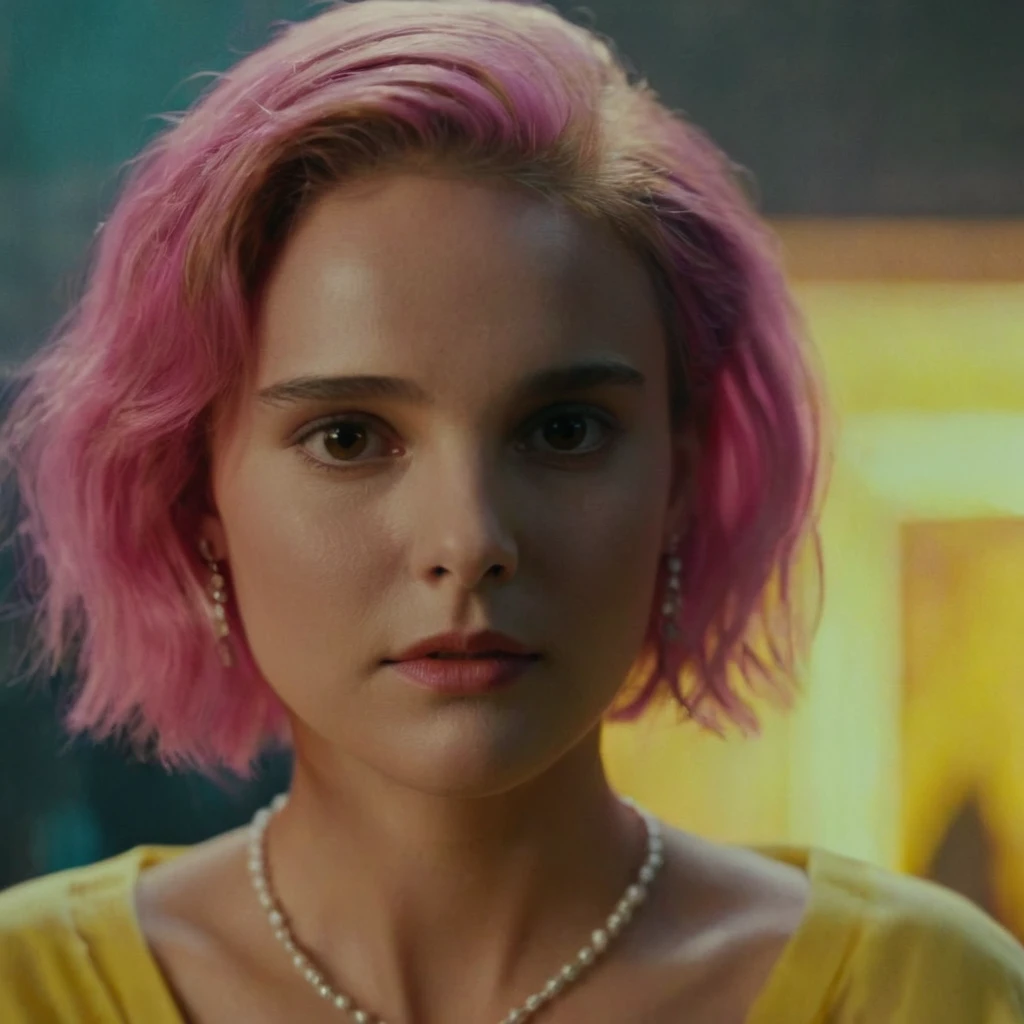 Hyperrealistic art of Cinematic Closeup Shot Film Footage captured by Panavision Cameras and Lenses, young Natalie Portman with a naked short fancy pink hair, pink hair, woman with a surprise look on her face looking at someone in a surprise look on herface in a room, yellow crown in her hair, yellow blouse, with blur background and perfect warm light on Fright Night 1985 Film Style, Analogic cam, Extremely high-resolution details, photographic, realism pushed to extreme, fine texture, incredibly lifelike