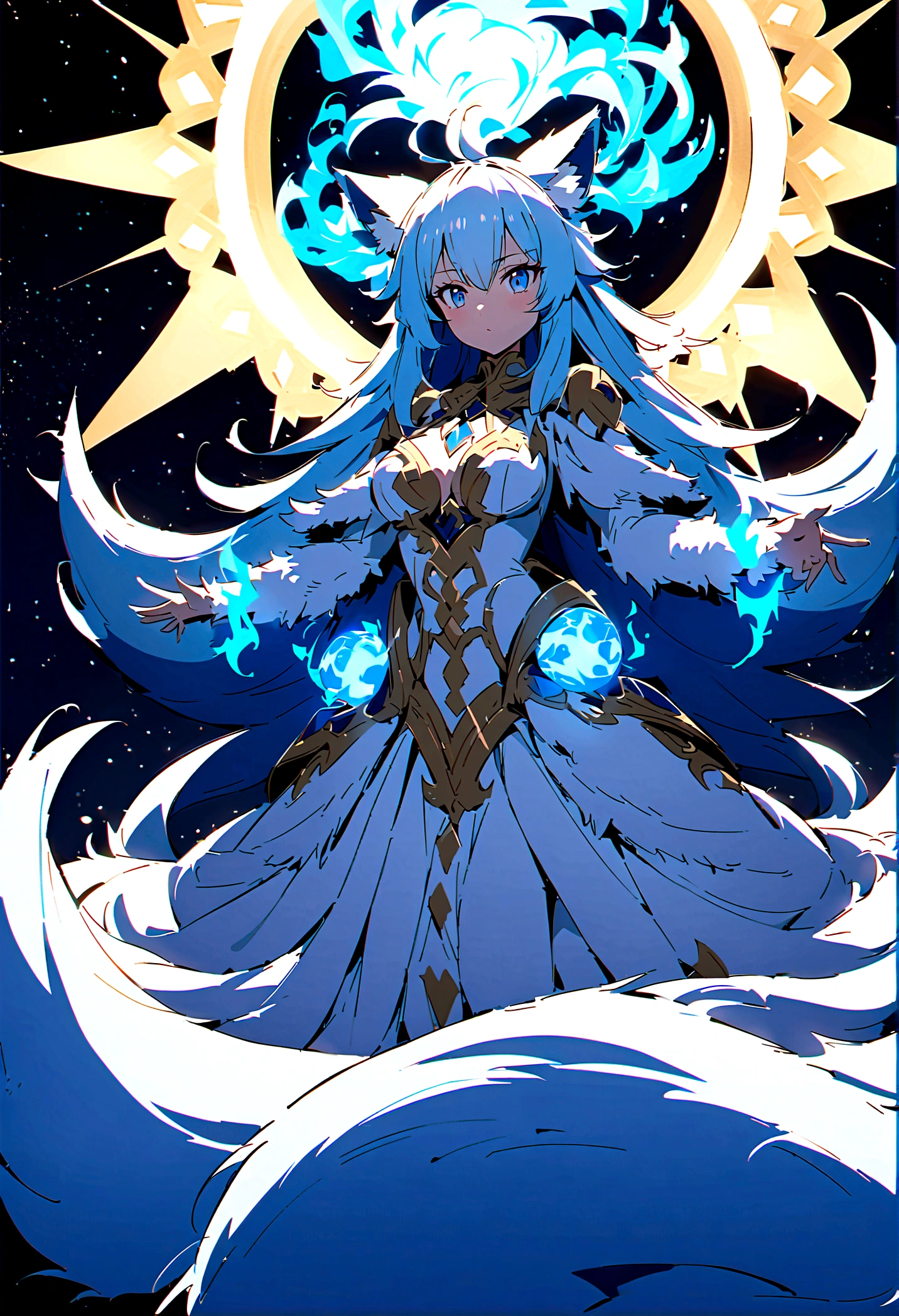 fox Light blue hair beast girl indigo fur fox beast girl Anime Style fox blue White-faced golden-haired nine-tailed fox Coat blue mysterious background Blue Flame girl have a ball of light fox Light blue hair beast girl indigo fur fox beast girl