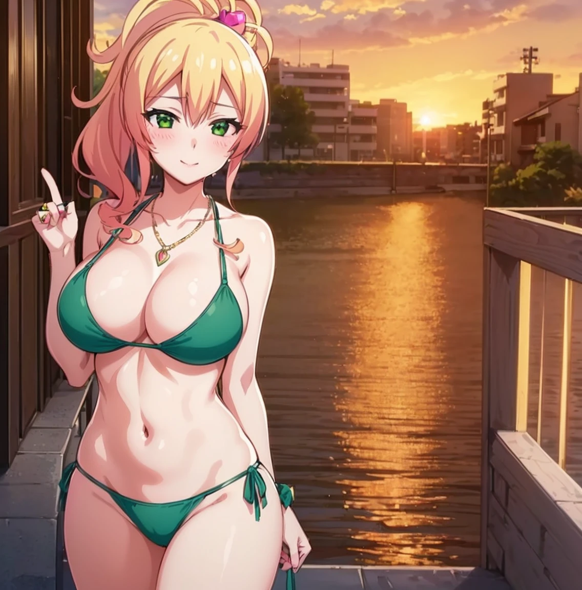 ((1girl)), ((alone)),Yukana Yame, ((extremely detailed CG unity 4k wallpaper)), (masterpiece), (ultra quality), (ultra detailed), (best illustration), (best shadow), (extremely detailed), looking at viewer, (absurdities), (detailed background), curvy body, dynamic pose, cowboy photo, large breasts, medium waist, wide hips, wide thighs, round butt,((jewelry , alone, blonde hair, ring, smile, green eyes, necklace, heart, heart necklace, blush, ponytail, multicolored hair, long hair, hair between the eyes, cleavage, big breasts, closed mouth, gradient hair, suit bath, green micro bikini, green bra, green panties, cowboy shot, )),smile, mouth closed)), standing, cowboy photo, backlight, ((solo)), ((standing: 1.4, outdoor, beach, sea, sunny, clouds, sand, (seductive expression, blushing, ,sexy, closed mouth, sexy pose), looking forward, ((focus on breasts), point of view: (from middle), perfect anatomy, perfect hands,