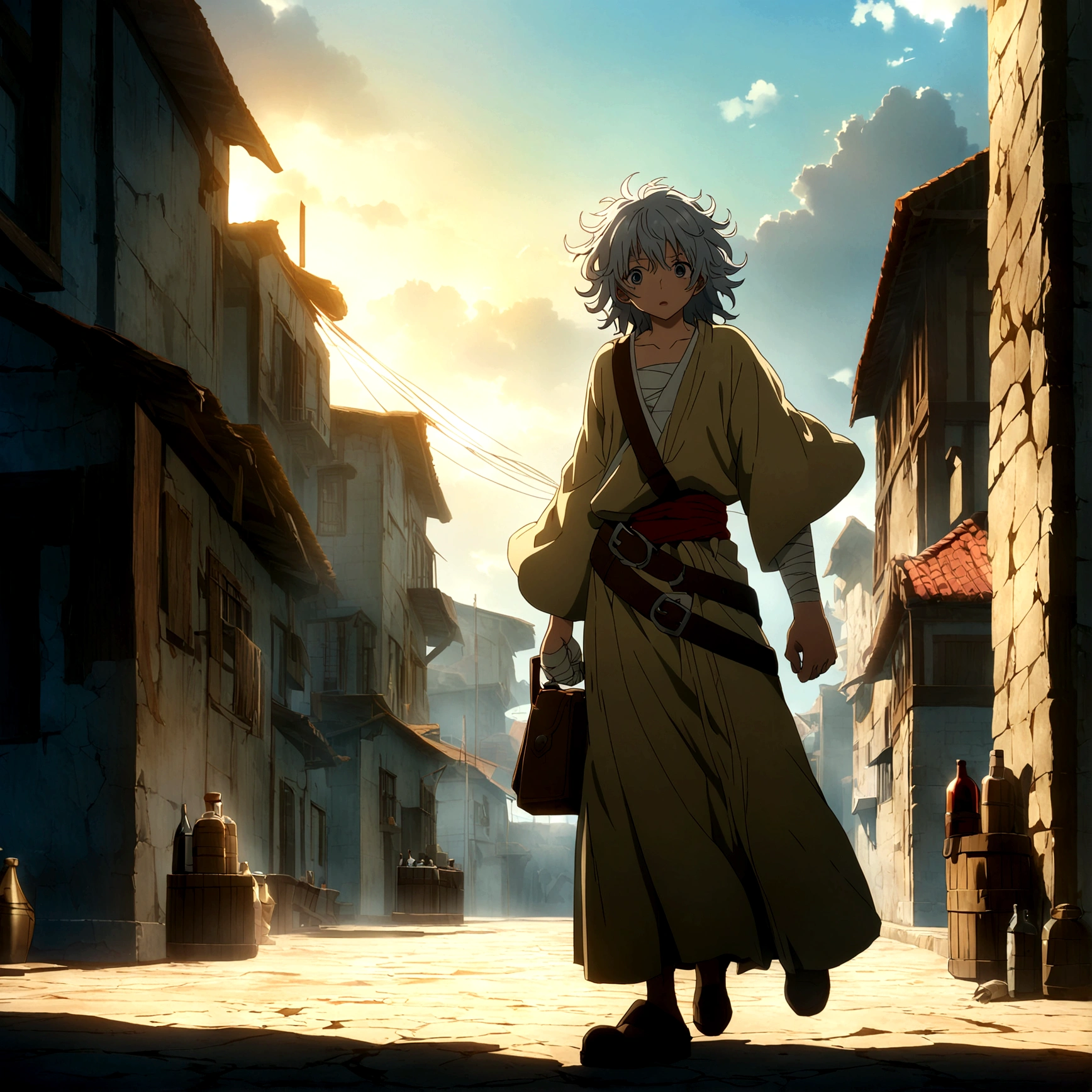 human, beggar-like appearance, , messy hair, drunken look, hands wrapped in bandages, beggar's clothes with a short robe, carries a small leather bag attached to his belt with small bottles of liquor,"Anime design inspired by One Piece, filled with dramatic and stunning lighting, infused with creative details, ultra-fine 2D design, scenery bathed in creativity, boasting 2D anime resolution clarity, HD anime graphics, high-octane rendering"