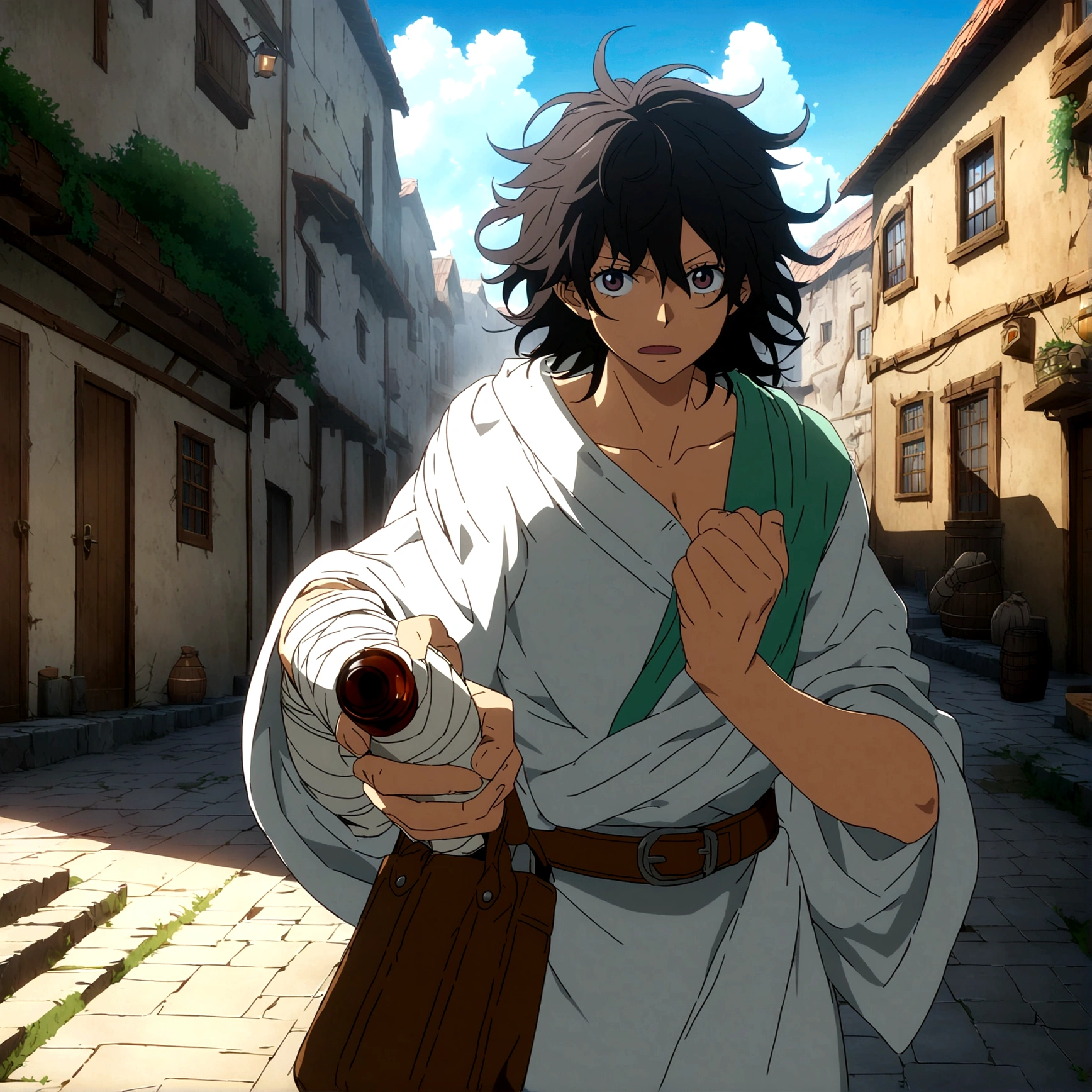 human, beggar-like appearance, , messy hair, drunken look, hands wrapped in bandages, beggar's clothes with a short robe, carries a small leather bag attached to his belt with small bottles of liquor,"Anime design inspired by One Piece, filled with dramatic and stunning lighting, infused with creative details, ultra-fine 2D design, scenery bathed in creativity, boasting 2D anime resolution clarity, HD anime graphics, high-octane rendering"