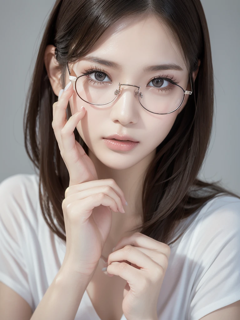 elegant woman, beautiful detailed eyes, beautiful detailed lips, extremely detailed eyes and face, long eyelashes, slender body, thin face, delicate features, flawless porcelain skin, glistening sweat, ultra-thin hands, ultra-fine fingers, best ratio four finger and one thumb, realistic, oversized T-shirt, mini skirt, one-person viewpoint, Fuji Film, F/1.2, 8K, masterpiece, nffsw, super detail, high quality, best quality, high resolution, glasses, mole under right eye, gravure pose, natural hand pose