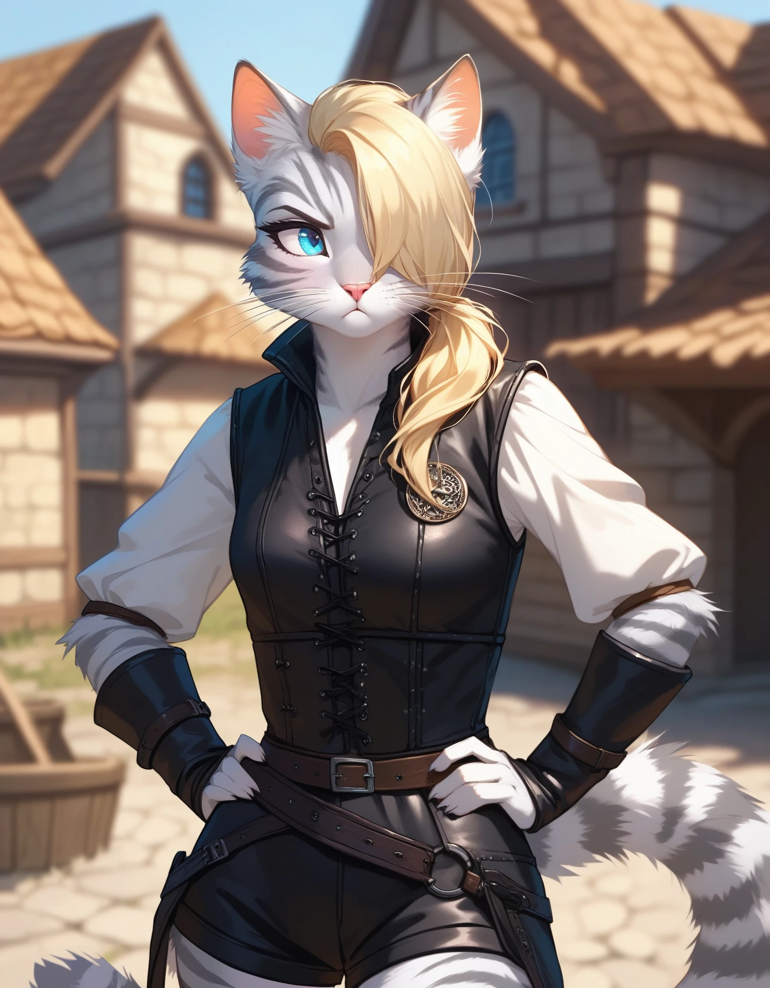 Solo, score_9,score_8_up,score_7_up, source_cartoon, kat, Anthro furry feline, female, tall slender body, long blonde hair, long undercut hair, hair covering one eye,  pink nose, blue eyes, white whiskers, silver fur, grey stripes, furry body, wearing black cloth vest, black leather medieval vest, black short shorts, adventuring gear, looking away, on what’s on hip, outdoors, standing, pouting, at a campsite, some random medieval soldiers hanging out in the background d