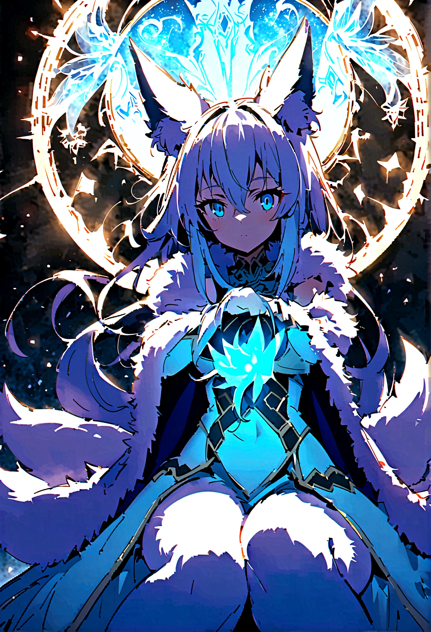 fox Light blue hair 　beast girl　indigo fur　fox beast girl　Anime Style　fox　blue　White-faced golden-haired nine-tailed fox　Coat blue　　　mysterious background　Blue Flame　girl　have a ball of light　fox Light blue hair 　beast girl　indigo fur　fox beast girl