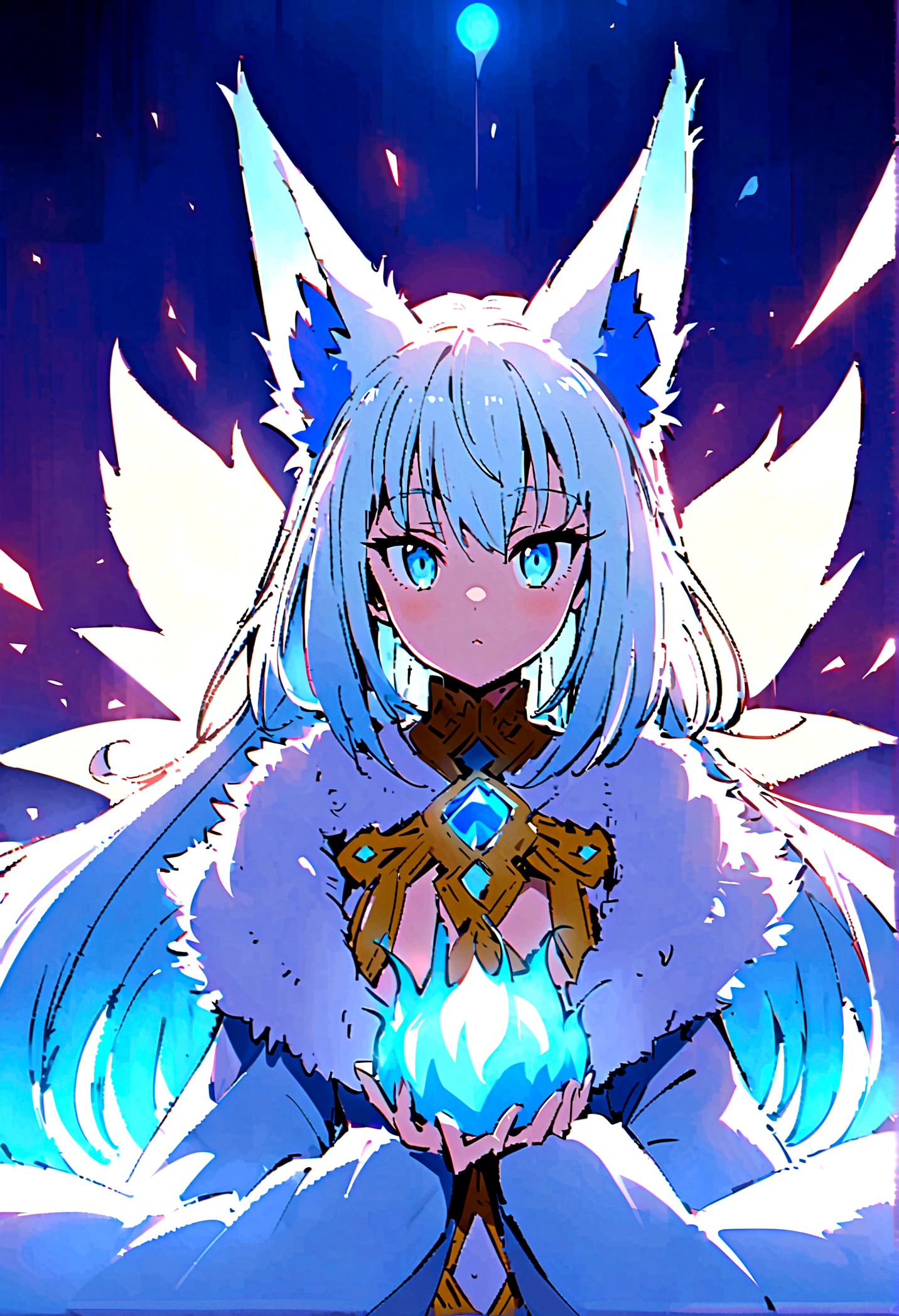 fox Light blue hair beast girl indigo fur fox beast girl Anime Style fox blue White-faced golden-haired nine-tailed fox Coat blue mysterious background Blue Flame girl have a ball of light fox Light blue hair beast girl indigo fur fox beast girl