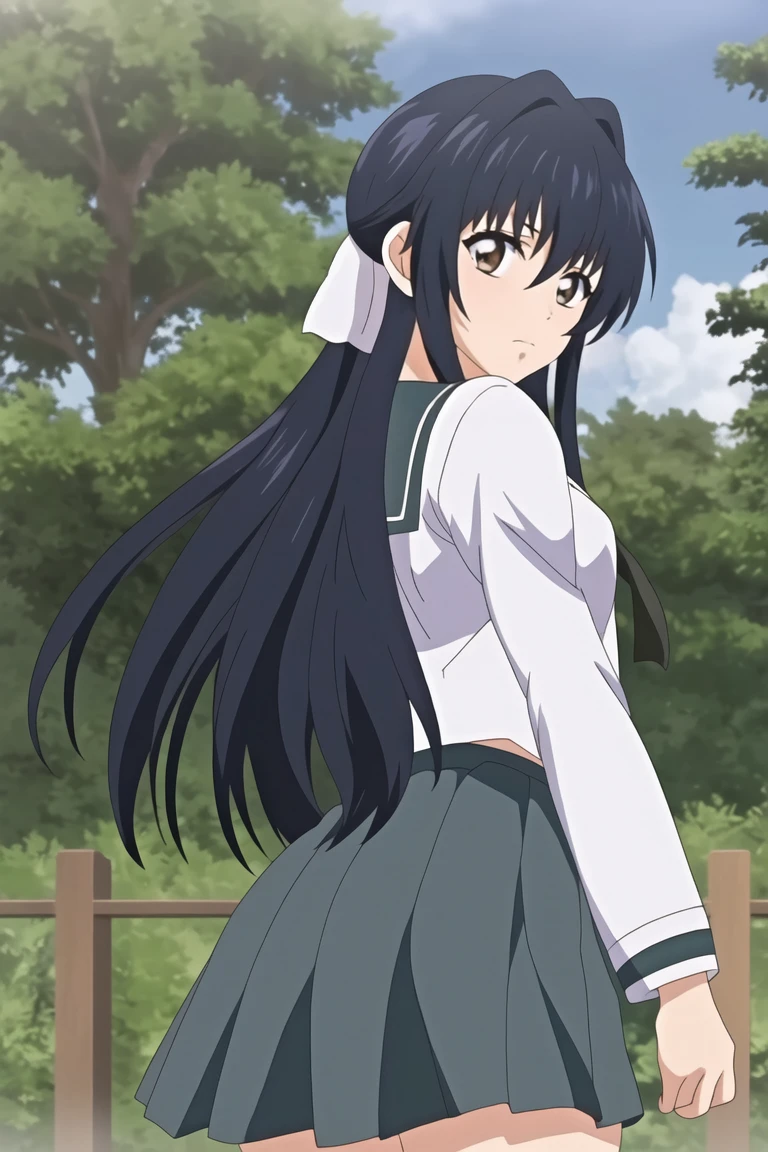 Kagome, 1 girl, Alone, long_Hair, looking_in_viewer, open_boca, negro_Hair, long_sleeves, Brown_eyes, school_uniform, standing, cowboy_shooting, pleined_Skirt, outdoor, sky, day, sailor_neck, tree, Handkerchief, green_Skirt, forest