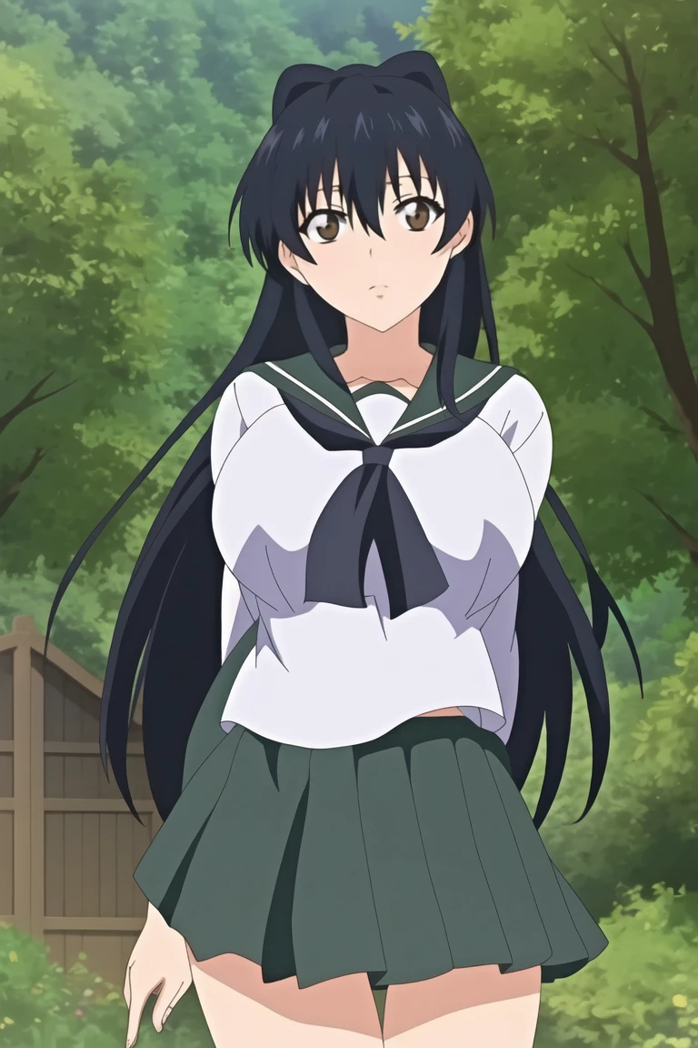 Kagome, 1 girl, Alone, long_Hair, looking_in_viewer, open_boca, negro_Hair, long_sleeves, Brown_eyes, school_uniform, standing, cowboy_shooting, pleined_Skirt, outdoor, sky, day, sailor_neck, tree, Handkerchief, green_Skirt, forest