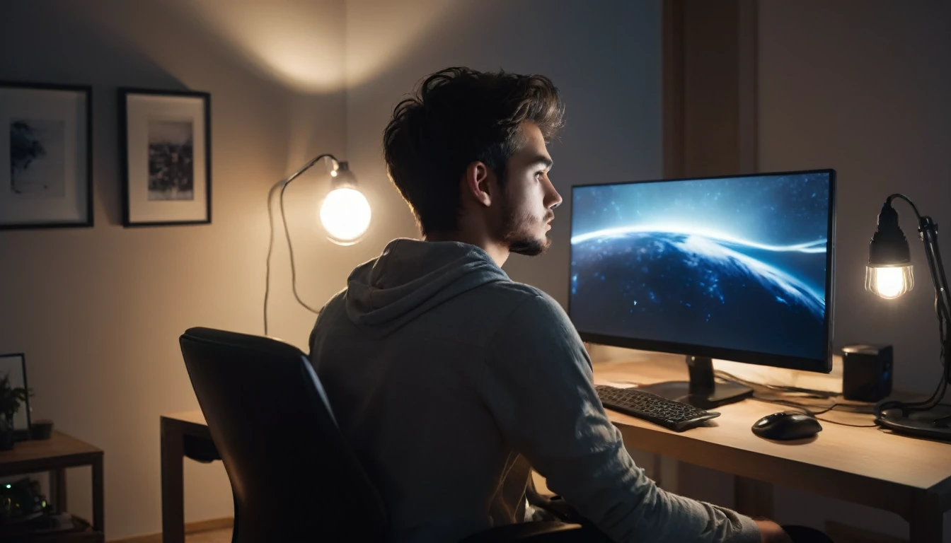  A young man sitting in a chair in front of a computer monitor,back to the door , with the room lights off ,Prepare the environment: I turned off the lights in my room, leaving only the dim light of the monitor illuminating my face.   PICTURE REALISTIC, high resolution, 8K 