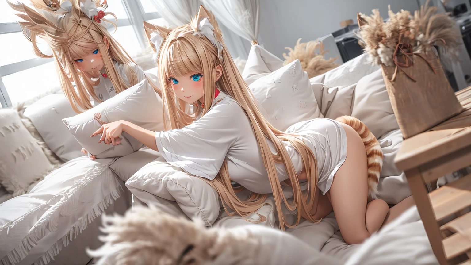 Create a high-quality, detailed image of a beautiful blonde anime cat gamer girl with striking eyes and intricate tattoos. She is alone in a luxurious condo, wearing intimate sleepwear that highlights her midriff and stunning curves. The condo features a high-end gaming setup with a sleek gaming PC, large monitor, and gaming accessories. Soft ambient lighting creates a warm and intimate atmosphere, blending with the natural light from the large window offering a view of the ocean. The focus is on the girl and her gaming setup, emphasizing her passion for gaming in a serene and inviting environment.