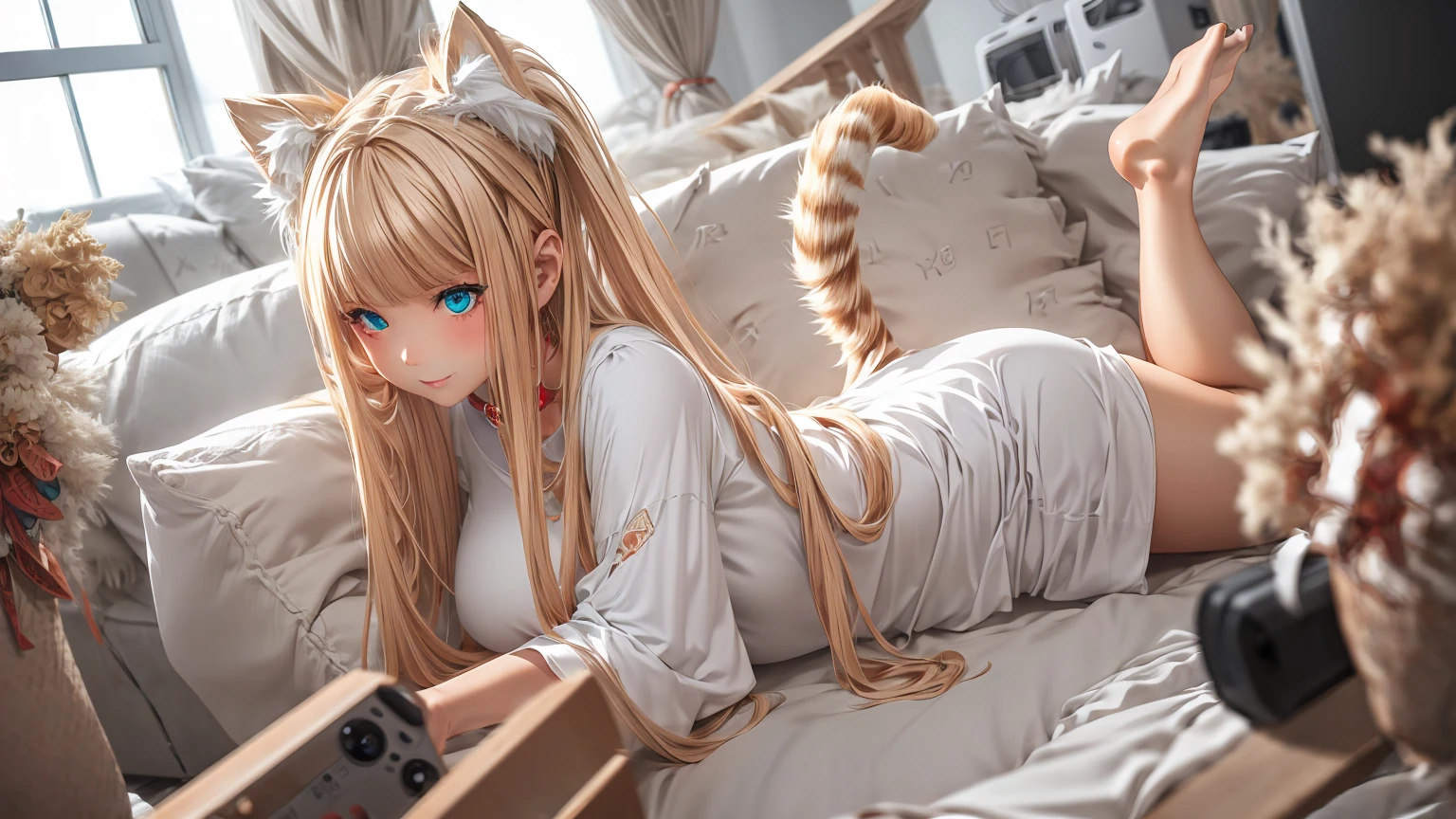 Create a high-quality, detailed image of a beautiful blonde anime cat gamer girl with striking eyes and intricate tattoos. She is alone in a luxurious condo, wearing intimate sleepwear that highlights her midriff and stunning curves. The condo features a high-end gaming setup with a sleek gaming PC, large monitor, and gaming accessories. Soft ambient lighting creates a warm and intimate atmosphere, blending with the natural light from the large window offering a view of the ocean. The focus is on the girl and her gaming setup, emphasizing her passion for gaming in a serene and inviting environment.