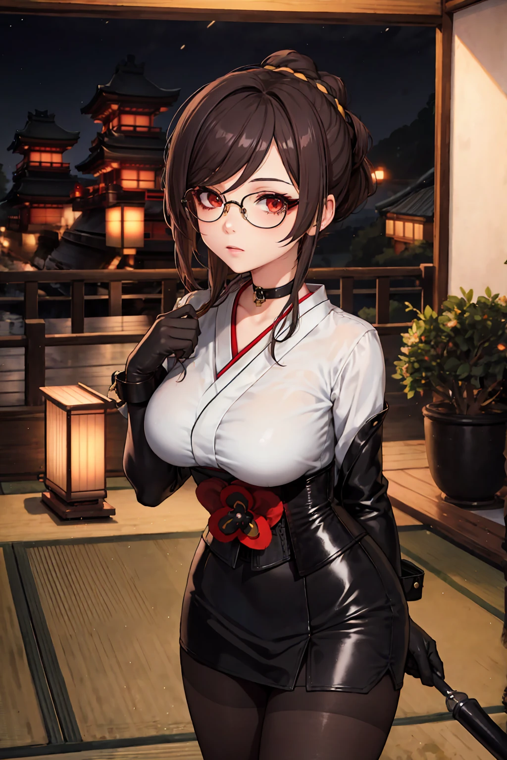 1 girl, Chiori \(genshin impact\), Alone, choker:1.6, White long sleeve shirt with collar, black leather corset, black gloves that cover your hands, shiny black tight mini skirt, shackles, glasses, looking at the viewer, inside, depth of field, expressionless, japanese forest, at night