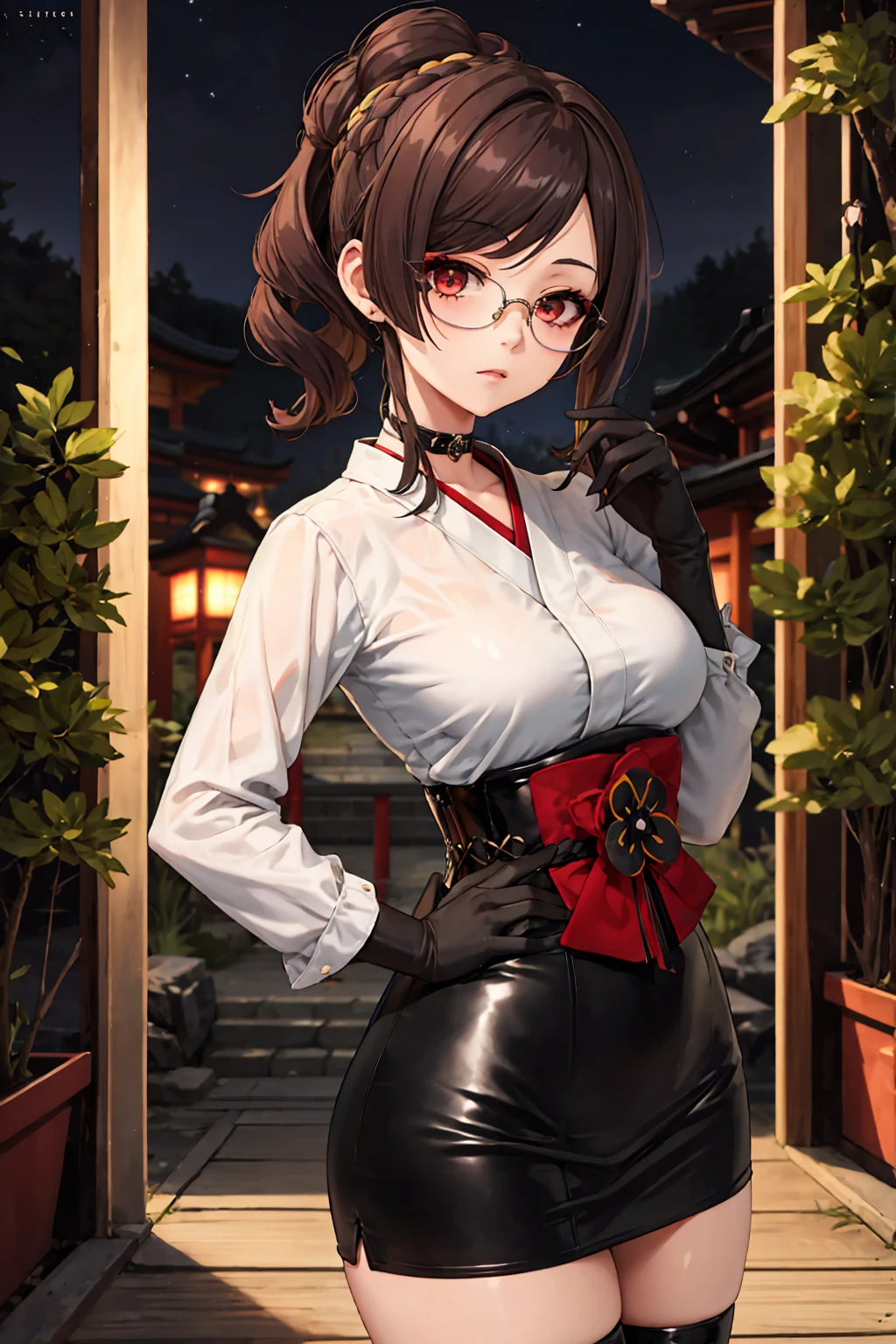 1 girl, Chiori \(genshin impact\), Alone, choker:1.6, White long sleeve shirt with collar, black leather corset, black gloves that cover your hands, shiny black tight mini skirt, shackles, glasses, looking at the viewer, inside, depth of field, expressionless, japanese forest, at night