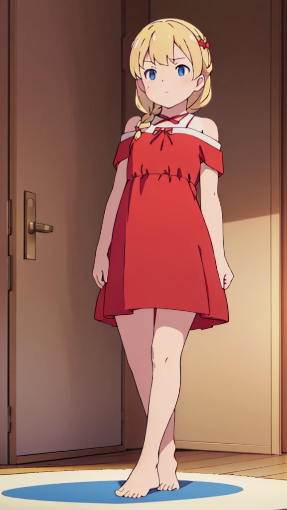 ((masterpiece))((Highest quality))Standing upright、Blonde、(Shoulder-length interior)(So that your whole body can be seen)、Directly in front、No background、(Put your feet on the ground)low length、、Flat Chest、Are thin、Red dress、