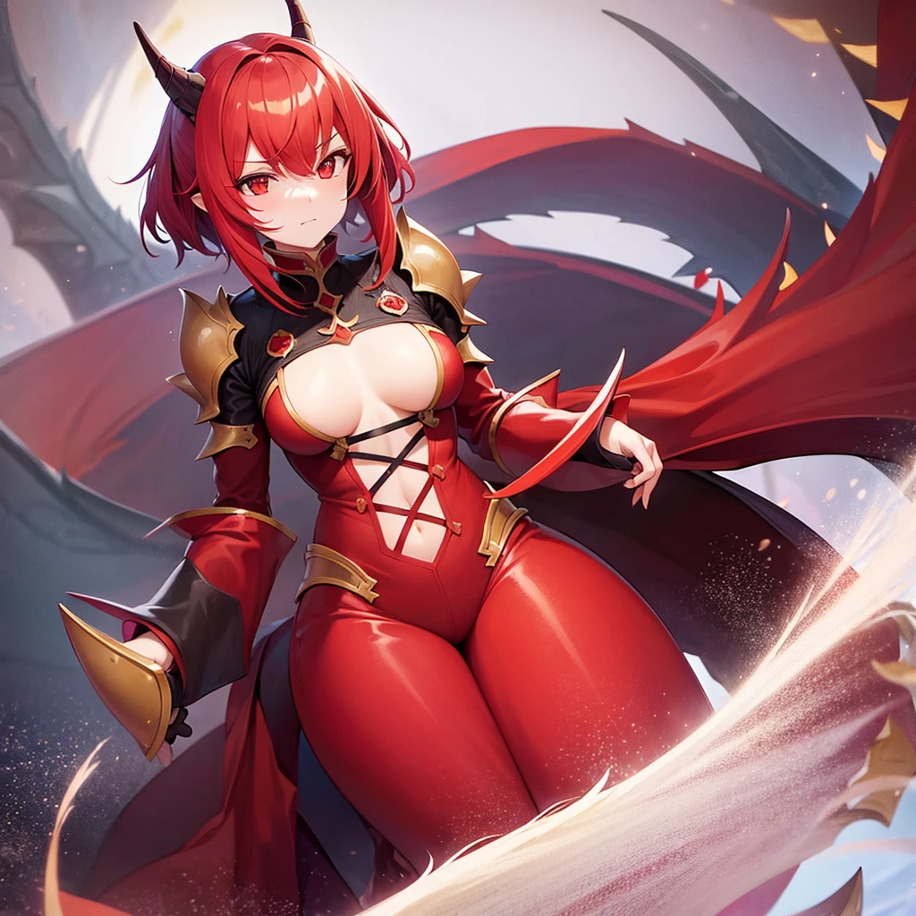 Gigantic red female dragon,small girl knight