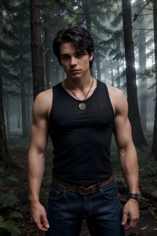 Zeke, Dan Benson, Teen Wolf, 18 years old, short messy black hair, slim and muscular build, blue eyes, black sleeveless shirt, black denim vest, dark blue jeans, black belt, colored combat boots light brown, bat pendant, forest background with fog