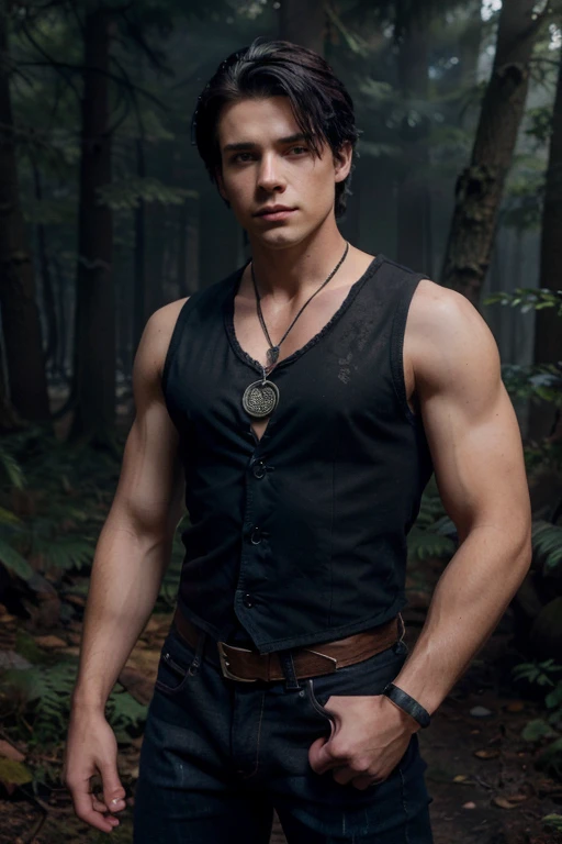 Zeke, Dan Benson, Teen Wolf, 18 years old, short messy black hair, slim and muscular build, blue eyes, black sleeveless shirt, black denim vest, dark blue jeans, black belt, colored combat boots light brown, bat pendant, forest background with fog