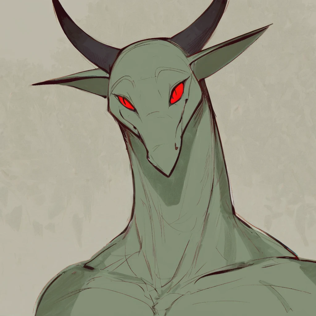 500x500, exaggerated, sketch, no hat, fully coloured, sharp lines, detailed, detailed face, dark fantasy rpg, grainy, flat, PC-98 aesthetic, sidescroller, crt filter, reptile, anthro, wizard, nature, olive green body, friendly, no wings, long sharp snout, red eye, no frame, straight black horns, No hair, No fur, no ears, no frills, no chin spike, no nose spike, athletic, parchment background, no hair