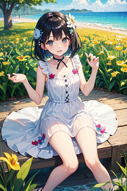 Highest quality、Black Hair、Iris、short hair、girl、cute、、、Small hair ornament、1 person、Summer Dresses、Summer resort