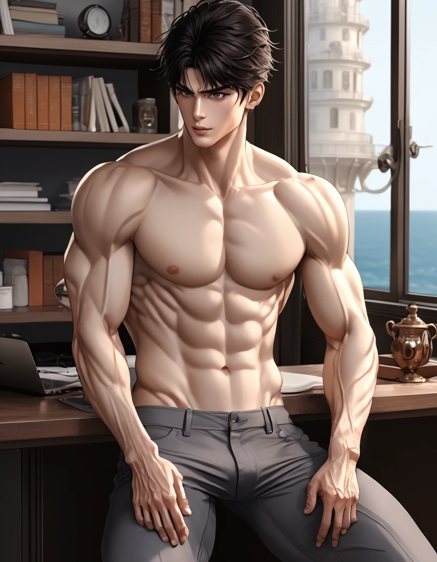 anime+hentai+yaoi style in hentai+ yaoi+anime style (( NAKED fullbody)) hd, 8k resolution, FULLBODY, 16k resolution, hd, fullbody, ((view from the front)) A young man, latino, cinnmon skin, thin face, straight nose, thin lips, square chin, large black eyes, short black, wavy hair, in roberto ferri style, aesthetic slim athletic body, very tall, latino, realistic skin, gorgeous, realistic detailed tonned muscles, barefoot, perfect anatomy, muscled fitness body, 195cm tall, realistic skin, skinny realistic detailed muscles , he is NAKED, small erected penis, sitting with spread legs on a desk next to an art deco desk with a orange laptop barefoot, perfect detailed feet, relaxed body lenguaje, relaxed face expresion. ((side view, storbe lighting, Leading Lines composition )) background art deco foffice, with shelves with large windows to see a lighthouse
