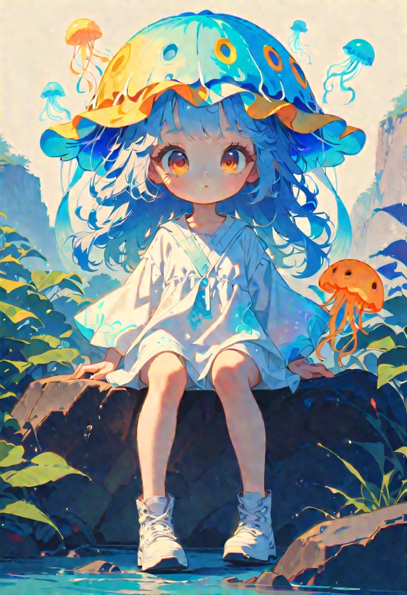 style 9, 1 girl with wavy blue hair wearing a yellow jellyfish hat., Brown eyes, lightly made up with blue tones, sitting on a rock,