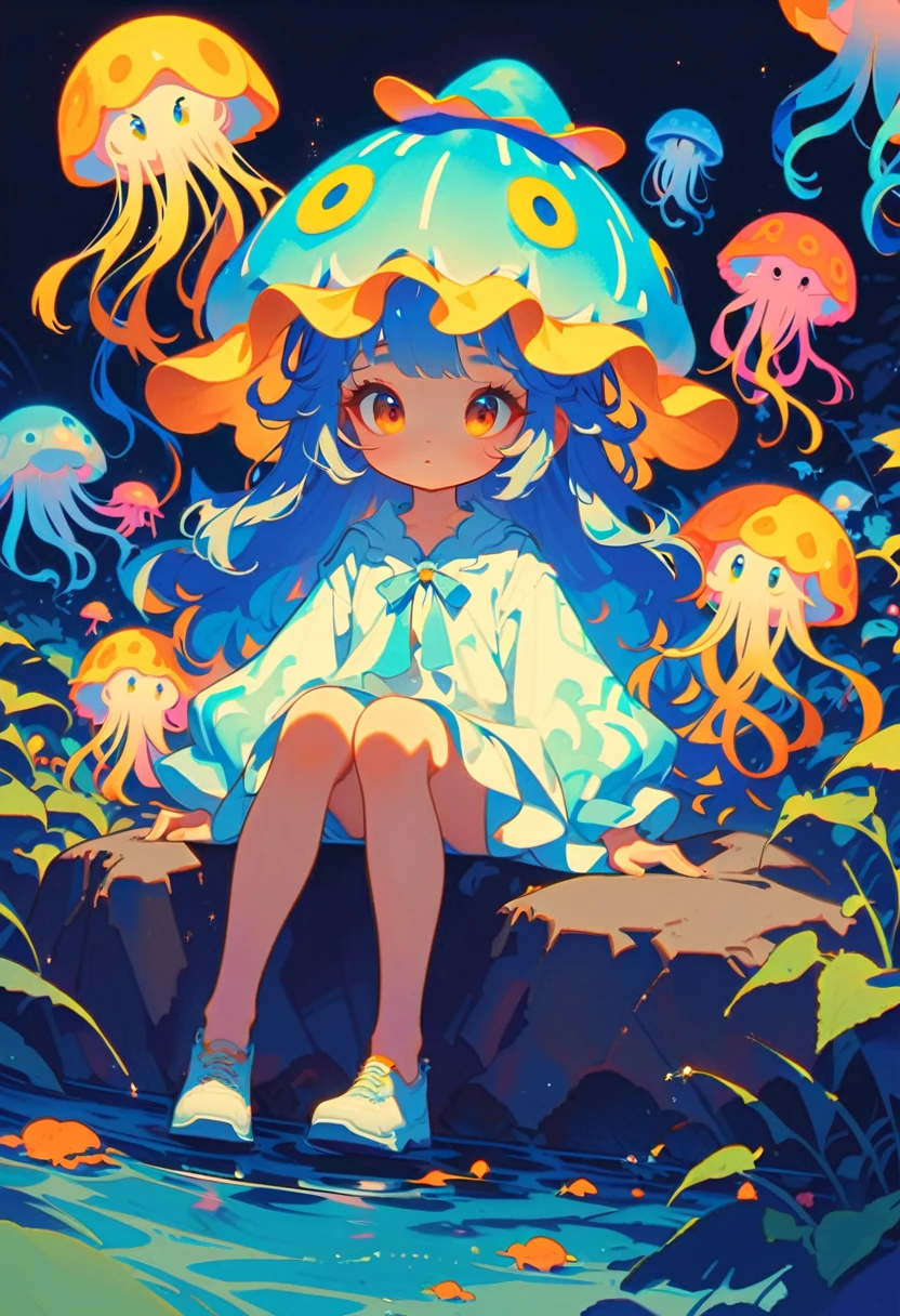 style 9, 1 girl with wavy blue hair wearing a yellow jellyfish hat., Brown eyes, lightly made up with blue tones, sitting on a rock,