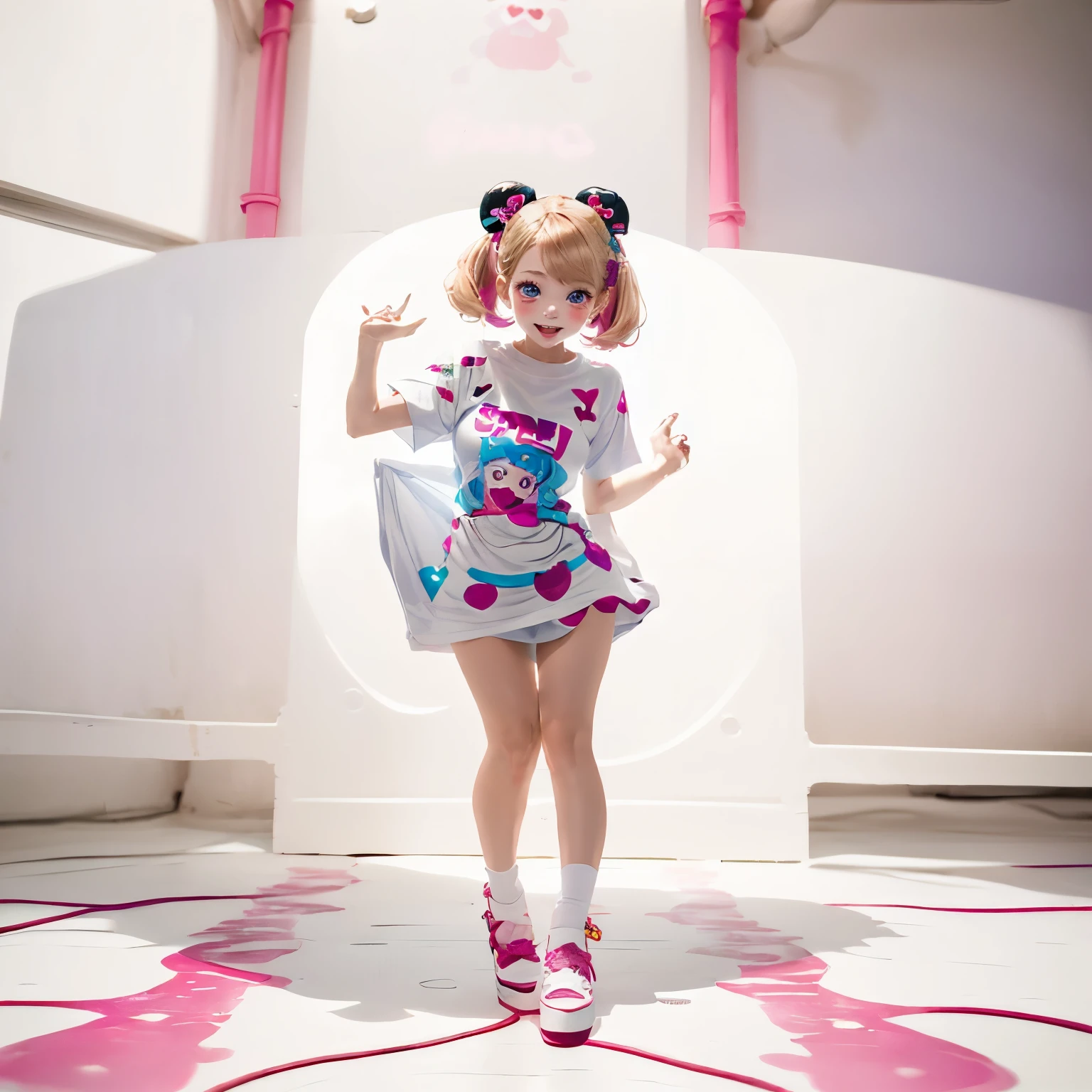 White and Bright Red, (Masterpiece 8K TopQuality:1.2) (ProfessionalPhoto:1.37) ExtremelyDetailed (((PUNIPUNI KAWAII girl in WHITE "SUPER " Printed T-shirt:1.4))) (Lying FullBody on her back from DirectlyAbove) glowing body