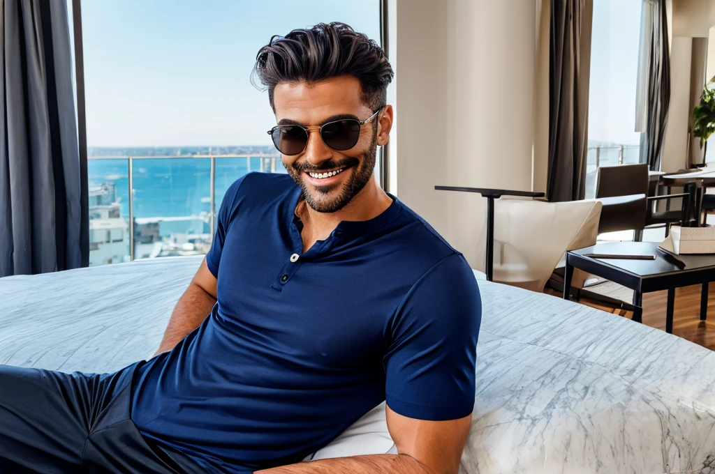 Cool guy　smile　Achievers　navy shirt　Luxury Apartments　top floor of apartment　sunglasses　Stylish　King　Italian Fashion　One person