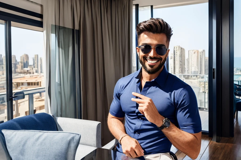 Cool guy　smile　Achievers　navy shirt　Luxury Apartments　top floor of apartment　sunglasses　Stylish　King　Italian Fashion　One person