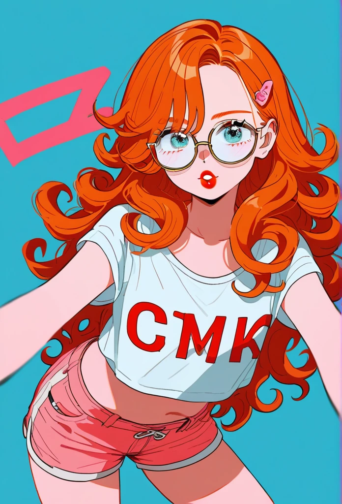 masterpiece, best quality, score_9,ginger hair,piece sign,long curly hair, side bang,hair clips,shorts,woman,lipstick,light pink shorts,croptop,siren glasses,