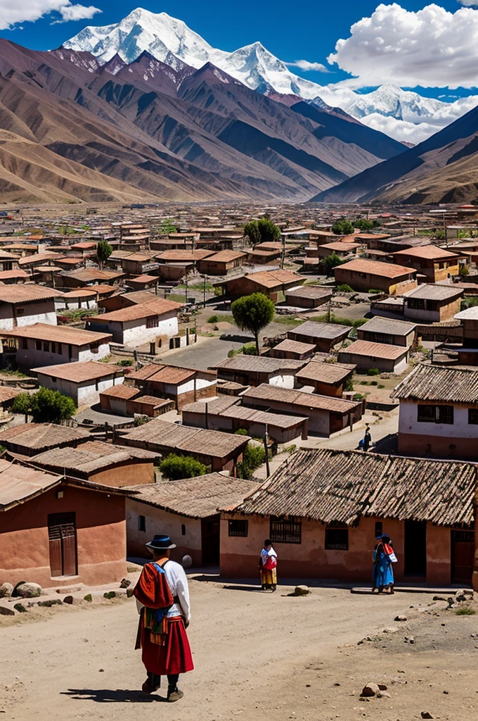 A small Andean town with mountains in the background, adobe houses and people dressed in traditional clothing