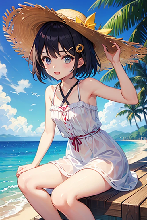Highest quality、Black Hair、Iris、short hair、girl、cute、16 years old、、Small hair ornament、1 person、Summer Dresses、Straw hat、Summer resort